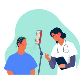 Un homme avec des électrodes sur la tête en consultation avec un docteur